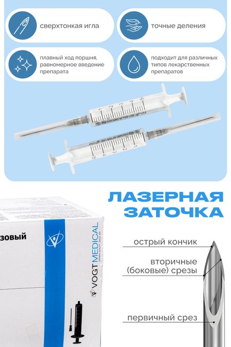 Шприц  Vogt Medical 5 мл 2-х комп.LS,  приложенная игла, 22G (0,7х40 мм)
