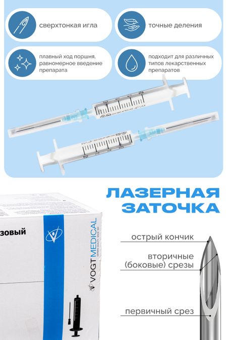 Шприц  Vogt Medical 2 мл  2-х комп.LS,  приложенная игла, 23G (0,6х30 мм)