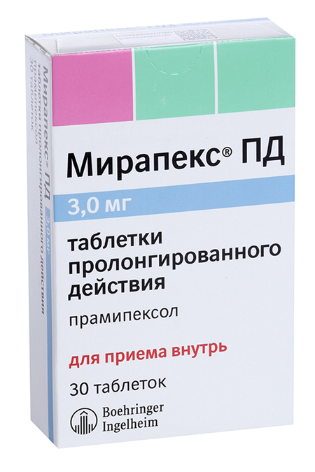 Мирапекс ПД 3 мг, 30 шт, таблетки пролонгированного высвобождения