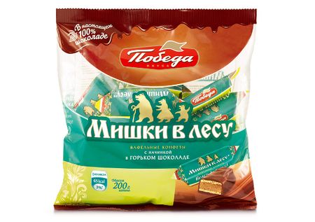 Конфеты Мишки в лесу вафельные 72% какао с начинкой в горьком шоколаде, 200 г, пакет
