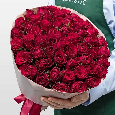 Букет живых цветов STUDIO FLORISTIC Букет красных Роз Кения 40 см 51 шт «Эликсир Любви» наклеек с фразами о любви 29 шт