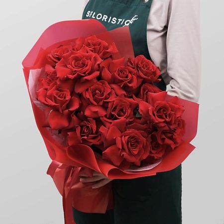Букет живых цветов STUDIO FLORISTIC Букет красных Роз «Огонь Любви» наклеек с фразами о любви 29 шт