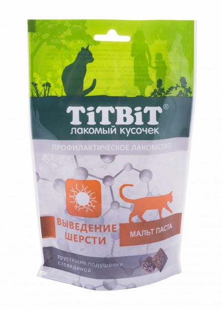 Витамины и добавки TiTBiT Хрустящие подушечки для кошек, с говядиной для выведения шерсти (60 г)