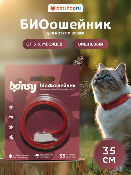 Для дома Bonsy Антипаразитарный БИОошейник для котят и кошек  от блох и клещей, вишневый, 35 см (35 см)