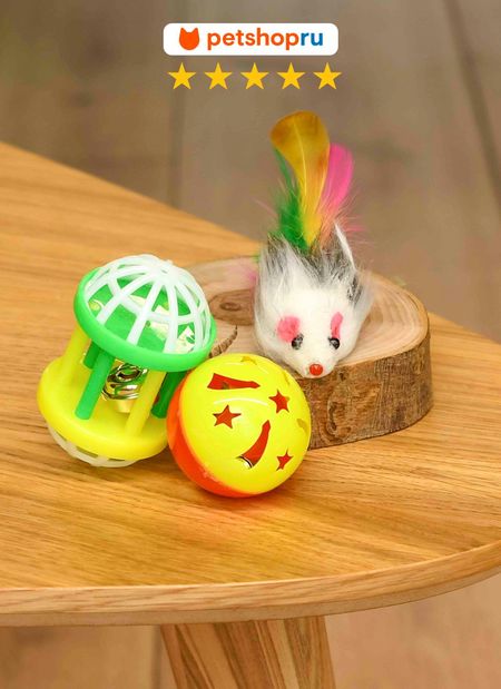 Для дома PETSHOP Набор игрушек для кошек 3 шт.: мышь, мячик и барабан (3 шт)