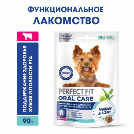 Еда Perfect Fit Лакомство для собак мелких и миниатюрных пород ORAL CARE, с говядиной и добавлением мяты «Для поддержания здоровья зубов и полости рта», 90г (90 г)