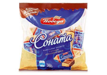 Конфеты Соната вафельные с начинкой ореховый крем в сливочном шоколаде, 200 г, пакет