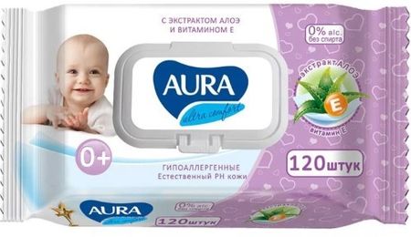 Салфетки Aura Ultra Comfort влажные д/детей с экстр алоэ и вит Е с крышкой 120 шт, 12 шт