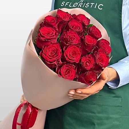 Букет живых цветов STUDIO FLORISTIC Букет из красных Роз 80 см 15 шт «Тихий Восторг»