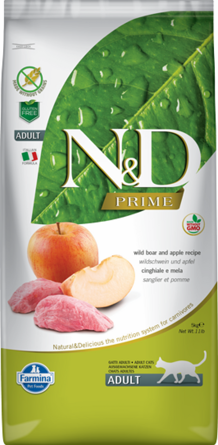Сухие корма FARMINA для взрослых кошек, кабан с яблоком, беззерновой (5 кг)