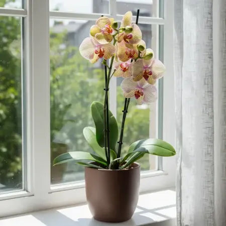 Фаленопсис ø12 h50 см прозрачные тюлевые шторы зелёные листья shiffon