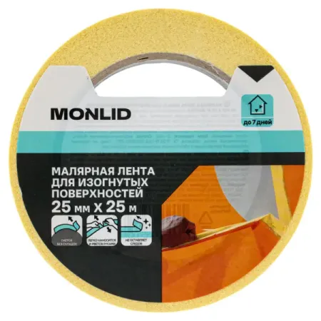 Малярная лента MONLID 25 мм x 25 м цвет желтый лента разметочная самоклеющаяся 50мм черно желтая 25м