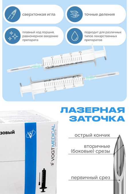 Шприц  Vogt Medical 20 мл 2-х комп.LS,  приложенная игла, 21G (0,8х40 мм)