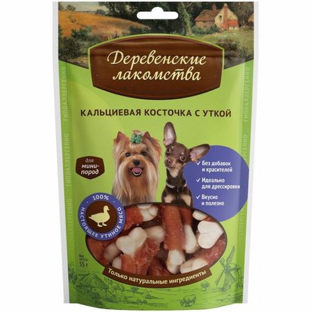 Лакомства Деревенские лакомства Кальциевая косточка с уткой для собак мини-пород (55 г)