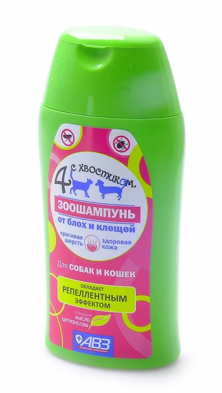 От блох и клещей Агроветзащита Зоошампунь реппелентный Четыре с хвостиком от блох и клещей с маслом цитронеллы для кошек и собак (180 мл)