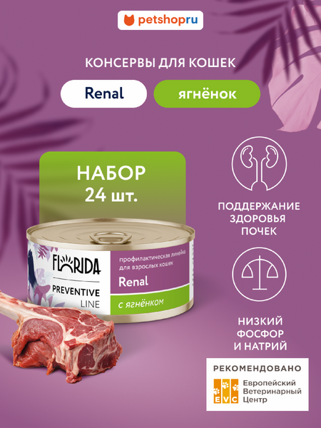 Холистики FLORIDA prof консервы (профилактика) Набор, Renal, профилактический влажный корм для кошек при почечной недостаточности, ягненок 24 шт (24 шт)