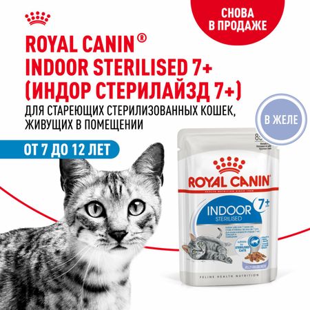 Консервы, паучи Royal Canin паучи Паучи для домашних кошек 7-12 лет, Кусочки в желе, Indoor Sterilised 7+ (28 шт)