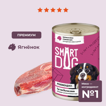 Консервы, паучи Smart Dog консервы Набор: консервы для взрослых собак и щенков - кусочки ягненка в нежном соусе, 6 шт по 850г. Влажный корм (6 х 850 г)