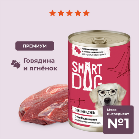 Консервы, паучи Smart Dog консервы Набор: консервы для взрослых собак и щенков - кусочки говядины и ягненка в нежном соусе, 6 шт по 850г. Влажный корм (6 х 850 г)