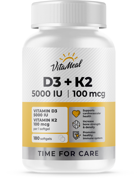 Витамин Д3 + К2, 5000МЕ, 180 мягких капсул, VitaMeal