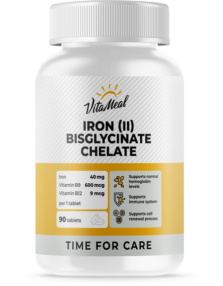 Хелатное Железо (Бисглицинат) + В9 и В12, 90 таблеток, VitaMeal