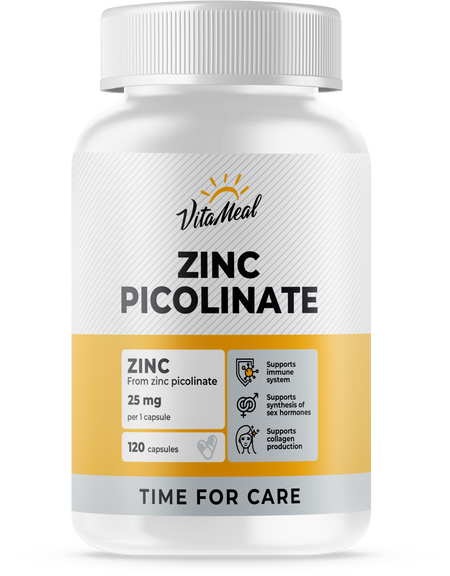 Цинк, Цинк Пиколинат, Zinc Picolinate, для иммунитета, для кожи, 120 капсул, VitaMeal