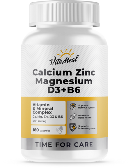 Кальций, магний, цинк, D3 + B6, комплекс витаминов, 180 капсул, Vitameal