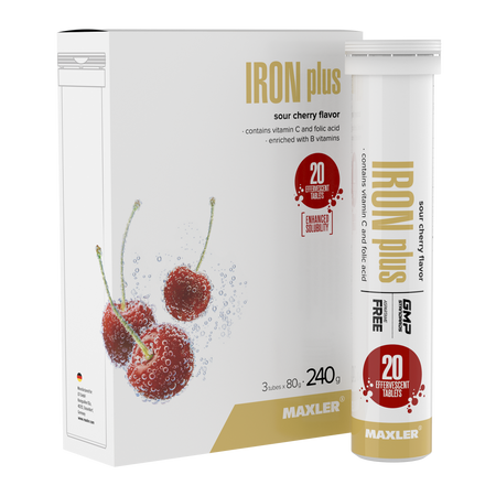 Комплекс витаминов с железом Maxler, вкус кислая вишня, 3 тубы по 20 шипучих таблеток