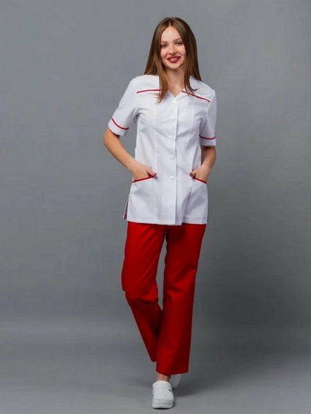 Костюм Блокпост медицинский женский брюки/рубашка с коротким рукавом красный/белый р 44