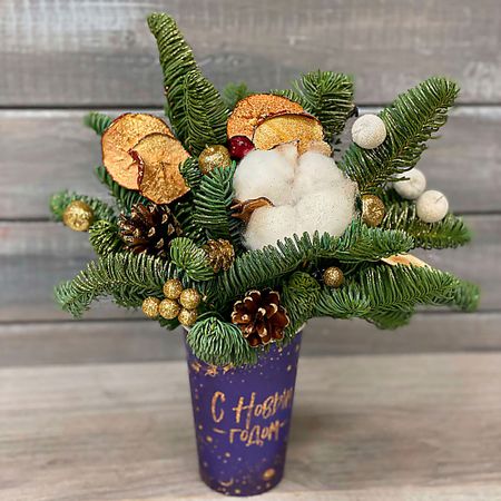 Букет живых цветов БУКЕТ МАРКЕТ ДАРИТЕ С УДОВОЛЬСТВИЕМ Новогодняя композиция в стакане №1