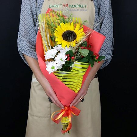 Букет живых цветов БУКЕТ МАРКЕТ ДАРИТЕ С УДОВОЛЬСТВИЕМ Букет с подсолнухом и хризантемой moonbiffy силиконовая крышка для чашек с подсолнухом