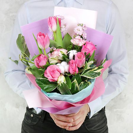 Букет живых цветов БУКЕТ МАРКЕТ ДАРИТЕ С УДОВОЛЬСТВИЕМ Букет из роз, гвоздик с хлопком и листьями подарочные пакеты с листьями эвкалипта fengrise