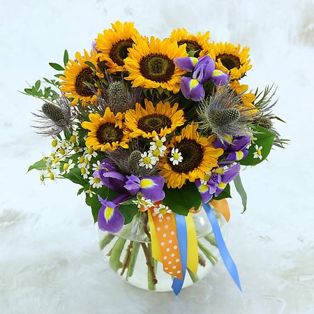 Букет живых цветов БУКЕТ МАРКЕТ ДАРИТЕ С УДОВОЛЬСТВИЕМ Букет из подсолнухов и ирисов искусственный силиконовый букет подсолнухов laurelchow 5 шт
