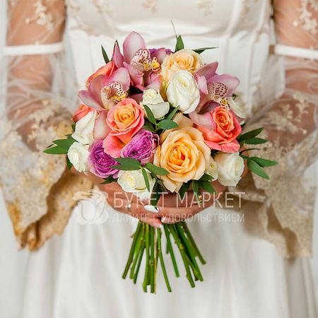 Букет живых цветов БУКЕТ МАРКЕТ ДАРИТЕ С УДОВОЛЬСТВИЕМ Букет невесты из орхидей, роз и эвкалипта свадебные ленты для подружек невесты hgdtff