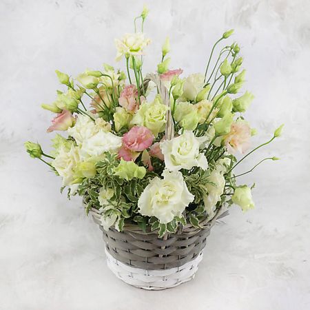 Букет живых цветов БУКЕТ МАРКЕТ ДАРИТЕ С УДОВОЛЬСТВИЕМ Композиция из 15 лизиантусов с листьями питтоспорума в корзинке подарочные пакеты с листьями эвкалипта fengrise
