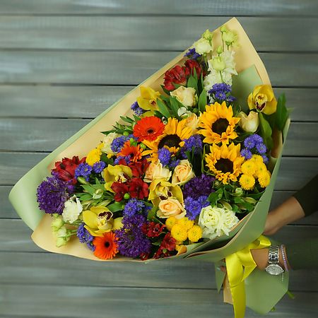 Букет живых цветов БУКЕТ МАРКЕТ ДАРИТЕ С УДОВОЛЬСТВИЕМ Букет из подсолнухов, роз и орхидей искусственный силиконовый букет подсолнухов laurelchow 5 шт