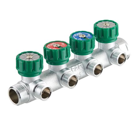 Коллектор Far 3/4 ВР(г) х 4 выхода 1/2 НР(ш) ЕК х 3/4 НР(ш) регулирующий с вставкой под плоское уплотнение (FK 3824 3412UN) плоское уплотнение для алюминиевого профиля серии 20 30 40 45 6 8 10 мм