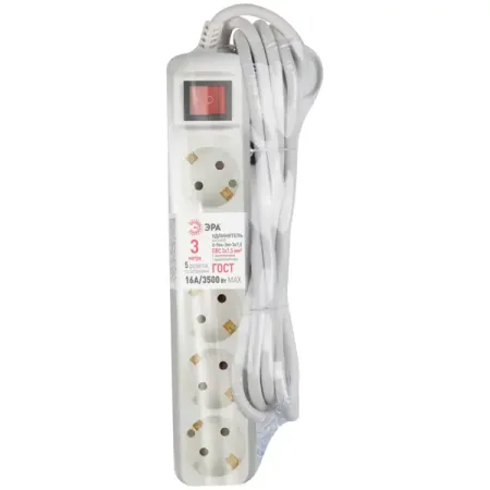 Удлинитель бытовой Эра U-5es-3m-3x1,5 3x1.5 3 м 5 розеток с заземлением 3500 Вт с выключателем цвет белый удлинитель бытовой skybeam 5 розеток с заземлением 3x1 мм 1 5 м 3500 вт