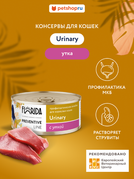 Холистики FLORIDA prof консервы (профилактика) Urinary для кошек для профилактики образования мочевых камней, с уткой (100 г)