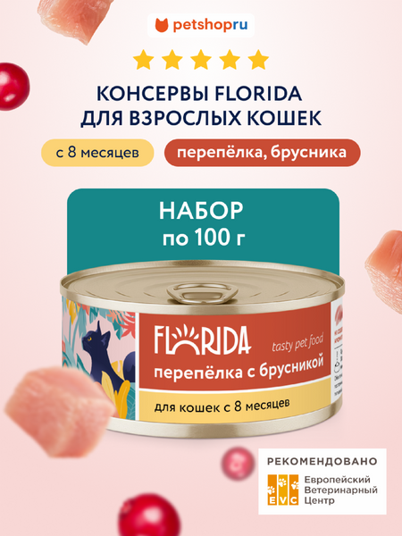 Еда FLORIDA консервы Набор, консервы для кошек, перепелка с брусникой, 12 шт (1.2 кг) татьяна май отбор по ошибке