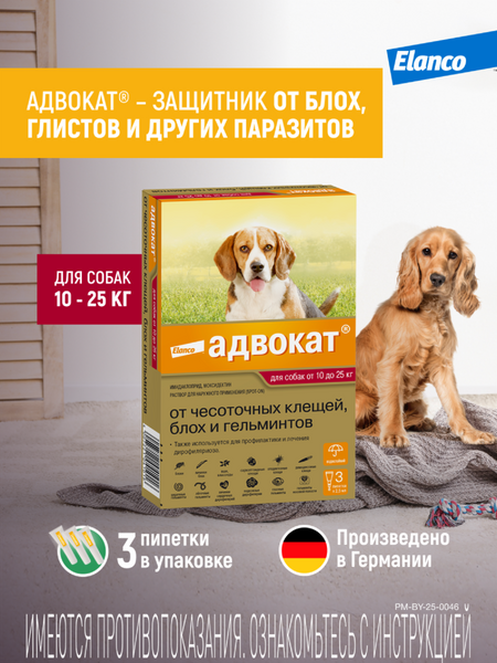 От блох и клещей Elanco Адвокат® капли на холку от чесоточных клещей, блох и гельминтов для собак от 10 до 25кг – 3 пипетки (10 г)