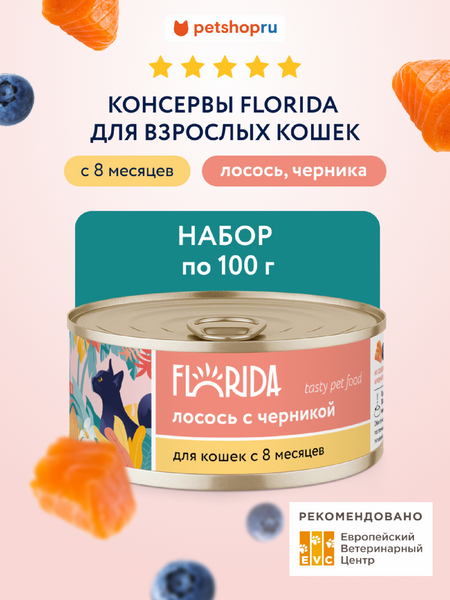 Консервы, паучи FLORIDA консервы Набор, консервы для кошек, лосось с черникой, 12 шт (1.2 кг)