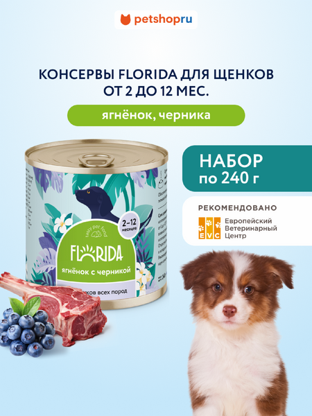 Еда FLORIDA консервы Набор, консервы для щенков, ягненок с черникой, 12 шт (2.88 кг)