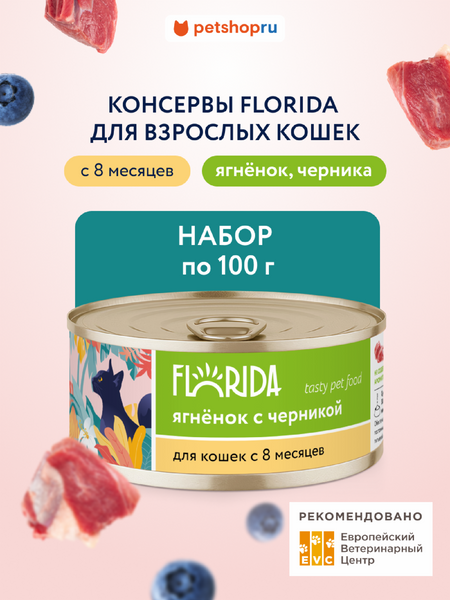Холистики FLORIDA консервы Набор, консервы для кошек, ягненок с черникой, 12 шт (1.2 кг)