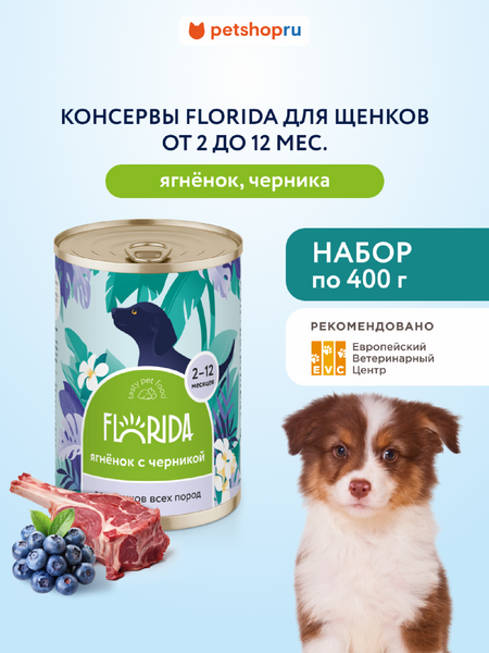 Еда FLORIDA консервы Набор, консервы для щенков, ягненок с черникой, 6 шт (2.4 кг)