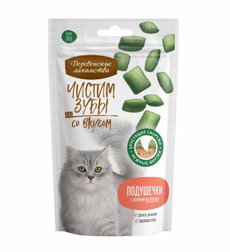Лакомства Деревенские лакомства Чистим зубы для кошек Подушечки с кремом из лосося (30 г)