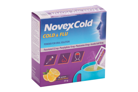 НовэксКолд 325 мг+10 мг+20 мг+50 мг, 22 г, 10 шт, порошок для приготовления раствора для приема внутрь