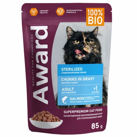 Консервы, паучи AWARD Паучи для взрослых стерилизованных кошек кусочки в соусе с лососем, 24 шт (24 шт)