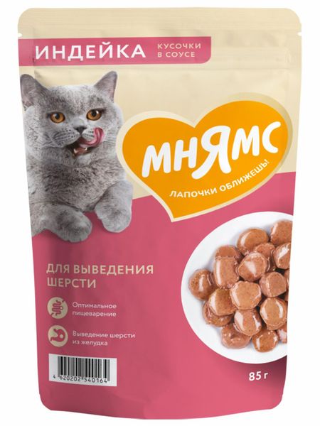 Консервы, паучи Мнямс Паучи для выведения шерсти у кошек кусочки в соусе, с индейкой, 85 г х 24 шт (24 шт)