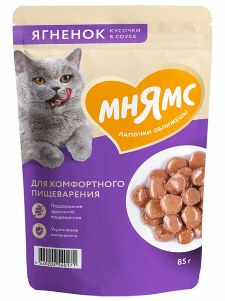 Консервы, паучи Мнямс Паучи для комфортного пищеварения у кошек кусочки в соусе, с ягненком, 85 г (1 шт)